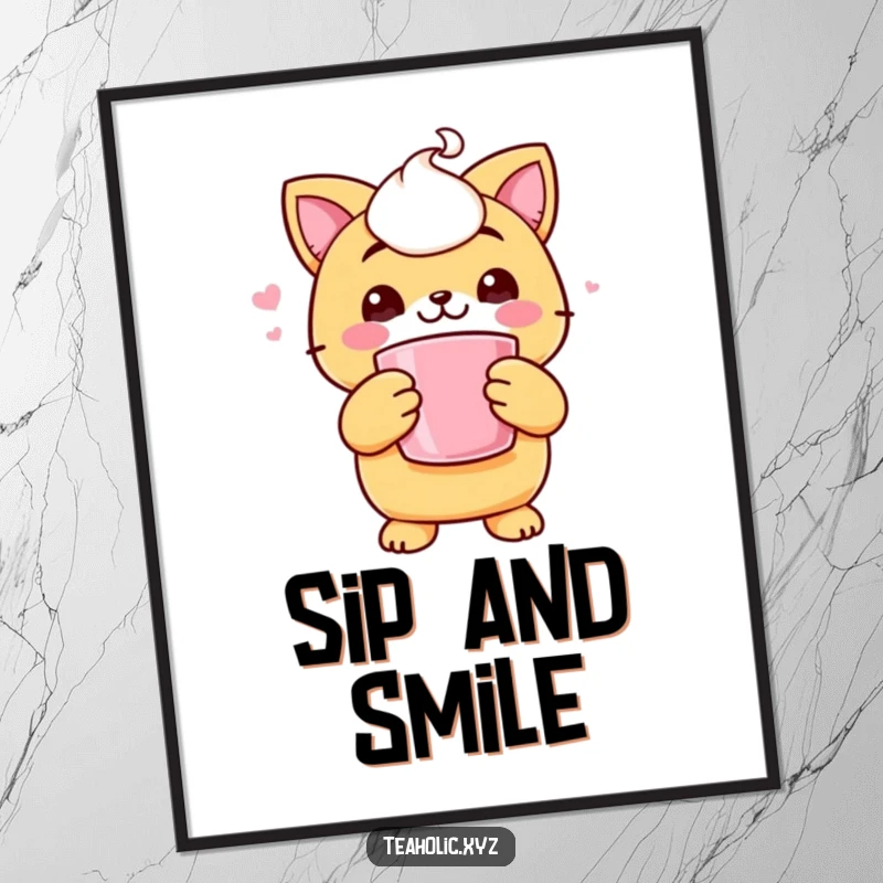 Funny poster art of a cheerful scone character holding a steaming mug with both paws, radiating warmth and contentment.