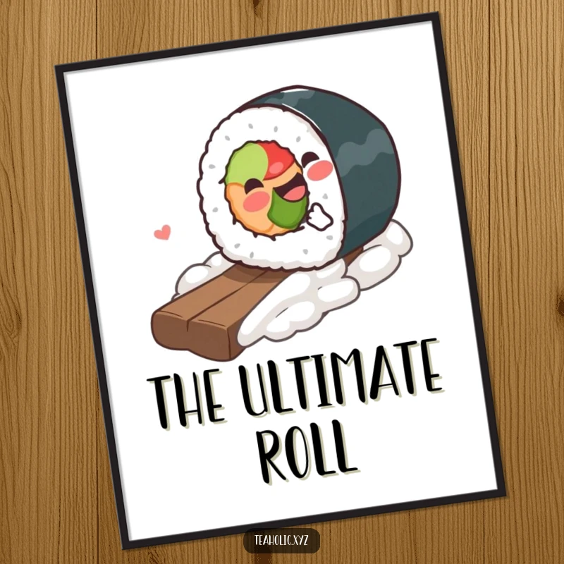 Funny Poster showcasing a gleeful piece of sushi in mid-roll downhill, capturing a moment of pure, hilarious, adventurous spirit.