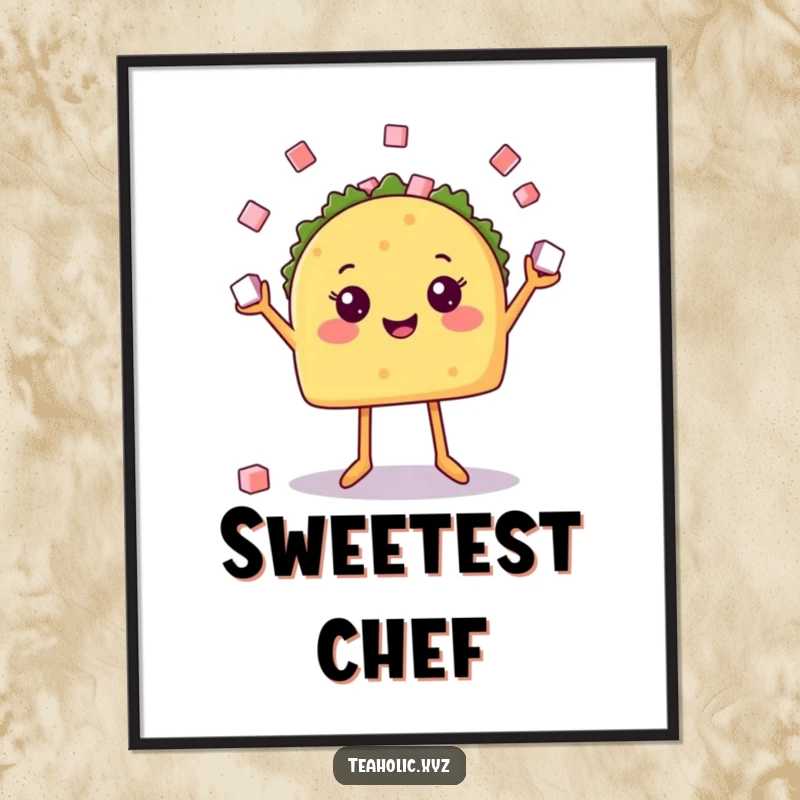 Funny poster featuring a happy taco with legs energetically juggling tiny sugar cubes, creating a lively and humorous piece of food art.