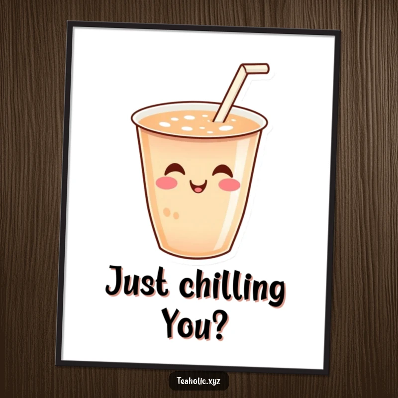 Funny poster of a smiling tea cup with a tiny straw wiggling joyfully, creating a cheerful and humorous atmosphere.