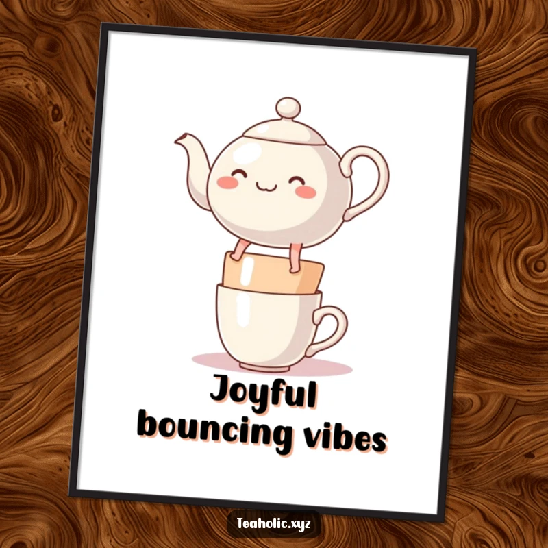 Funny, round, cheerful teapot character with legs, gleefully bouncing on a stack of mugs, available as a poster.