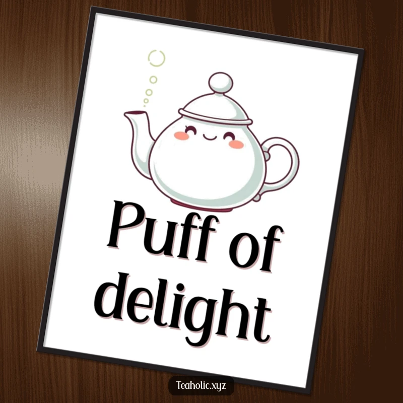 Funny Teapot Character Poster: A cute, hat-wearing teapot character happily releasing a cheerful puff of steam.