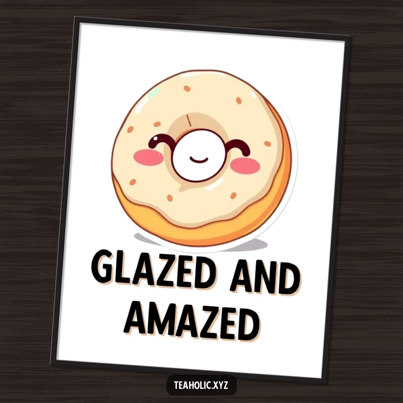 Funny Donut Poster: A wobbly donut with a happy expression takes a big sip, radiating sweet joy and humor.