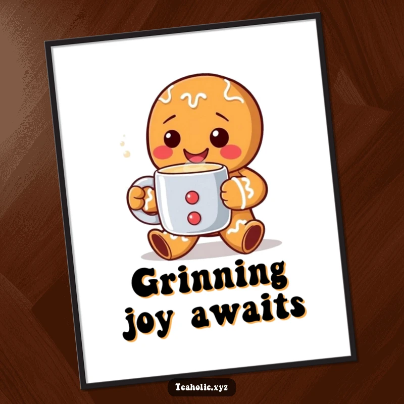 Funny Poster of a happy gingerbread man character holding a steaming mug, radiating warmth and holiday cheer, ideal wall art.
