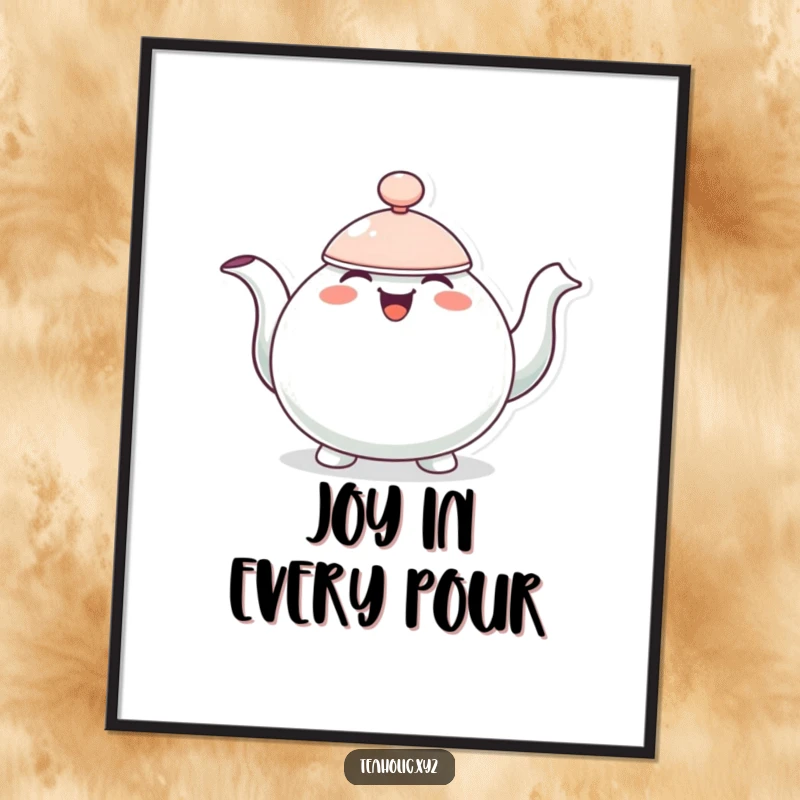 Funny poster of a cheerful teapot character bobbing up and down, overflowing with pure joy.