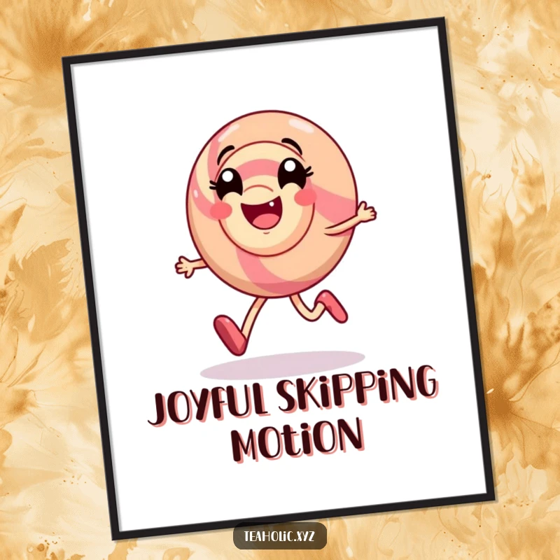 Funny poster print of a smiling candy character joyfully skipping with a prominent swirl of delight, full of motion.