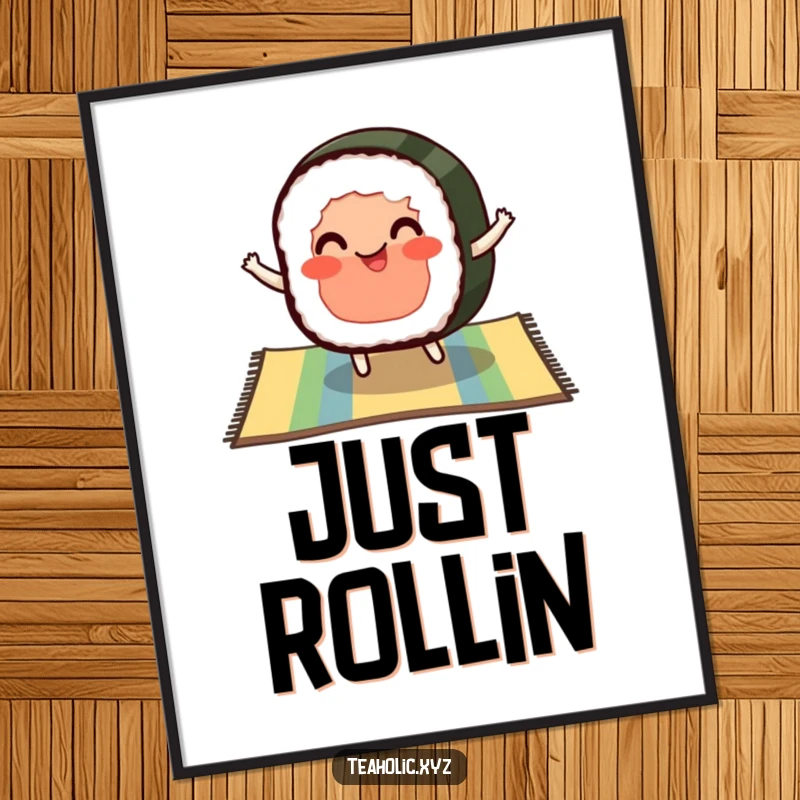 Funny poster of a pleased slice of sushi with rosy cheeks bouncing on a colorful mat, adding quirky charm to walls.