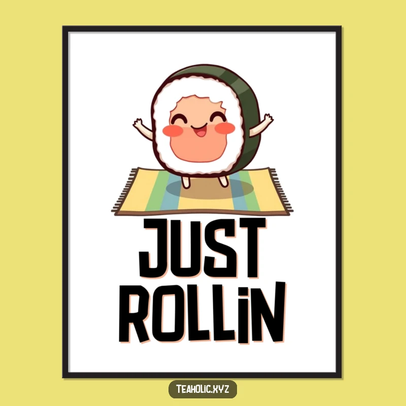 Funny Sushi Art Poster - Pleased Bouncing Sushi Slice, Quirky Food Decor