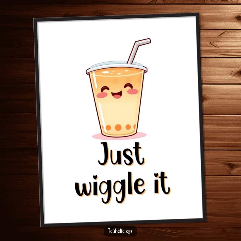 Funny Poster print of a smiling tea cup with a straw, executing a playful wiggle, bringing animated cheer to any space.