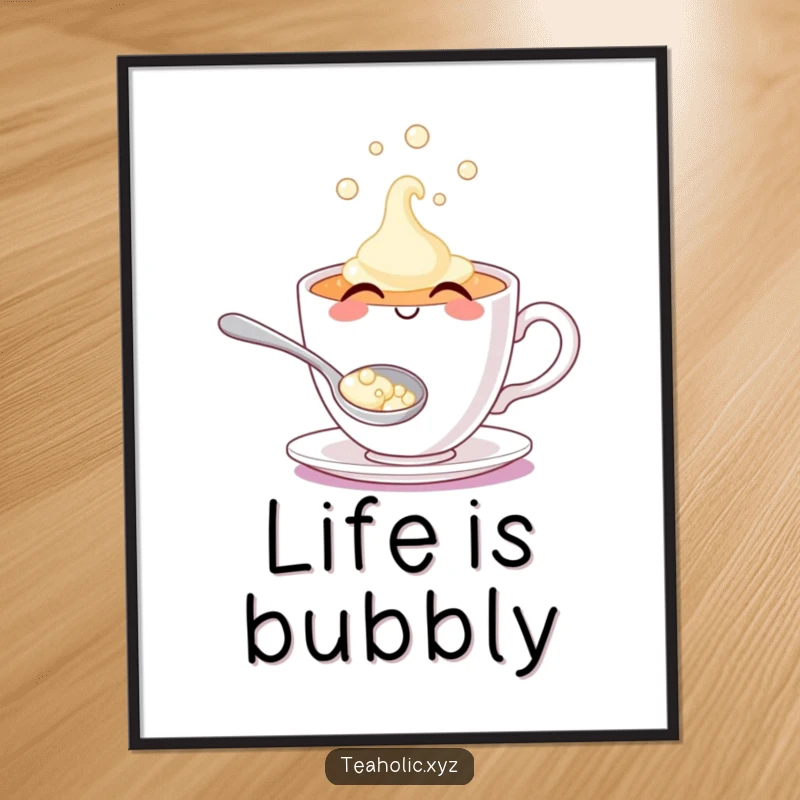 Vibrant smiling teacup character, spilling a delightful stream of sparkling bubbles, adding whimsy to decor.