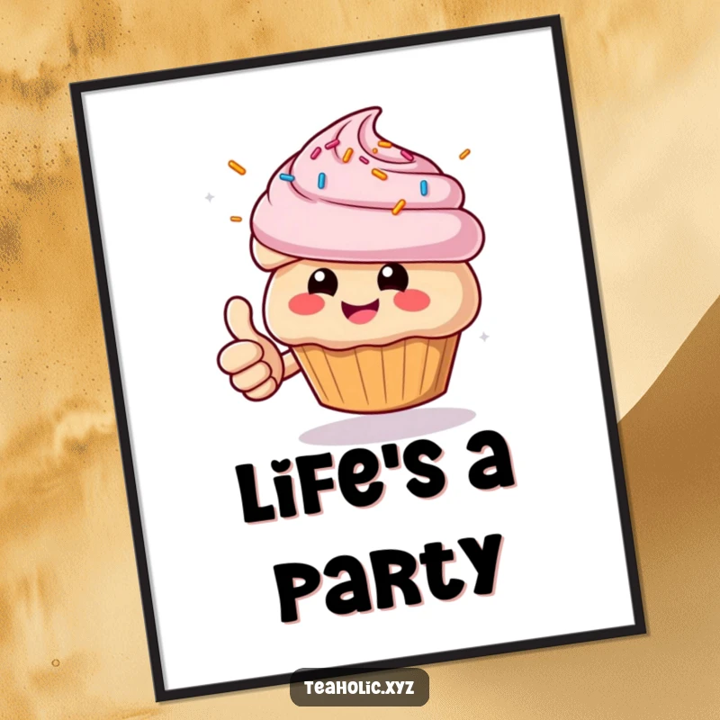 Funny Muffin Poster: Cheerful character giving a thumbs up with sprinkles flying, a humorous and uplifting wall decoration.