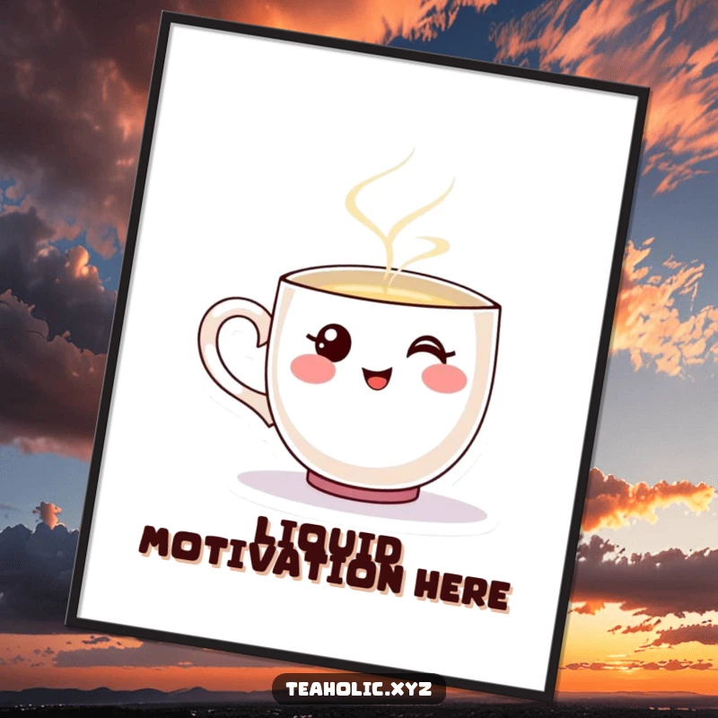 Funny poster of a smiling teacup character happily pouring a stream of hot, steaming liquid.