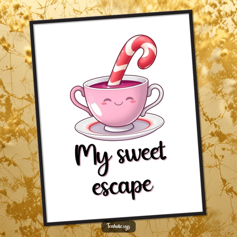 Funny candy cane character smiling while dipping into a swirling teacup, as humorous wall art on a poster.