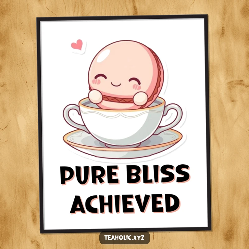 Funny blissful macaroon character floating on a tea saucer on a vibrant and decorative poster.