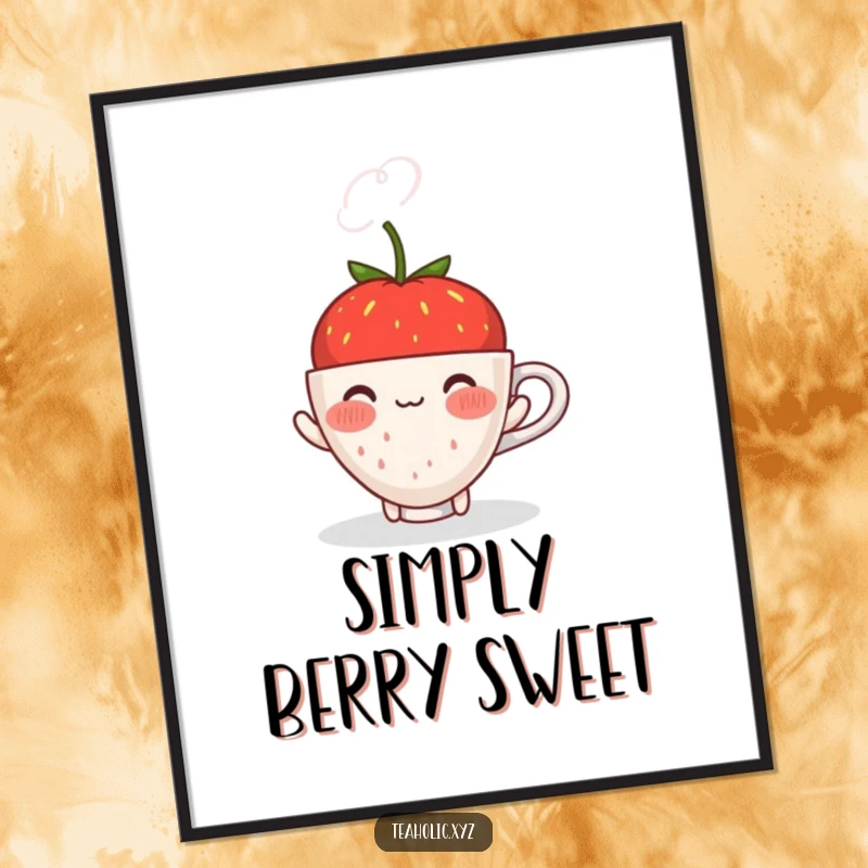 Funny blushing strawberry with a shy smile offering a steaming cup, as humorous wall art on a poster.