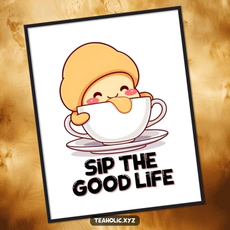 Vibrant smiling croissant character, gulping from a teacup, adding whimsical morning charm to decor.