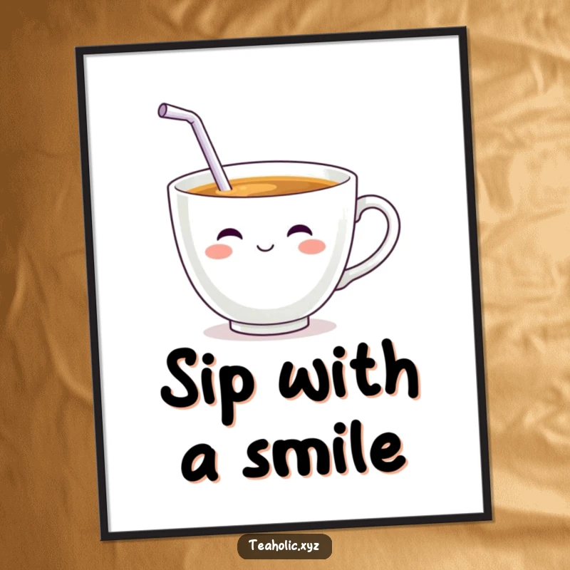 Funny Teacup Character Poster: A smiling teacup character with a wiggling straw enjoying a large, satisfying sip.