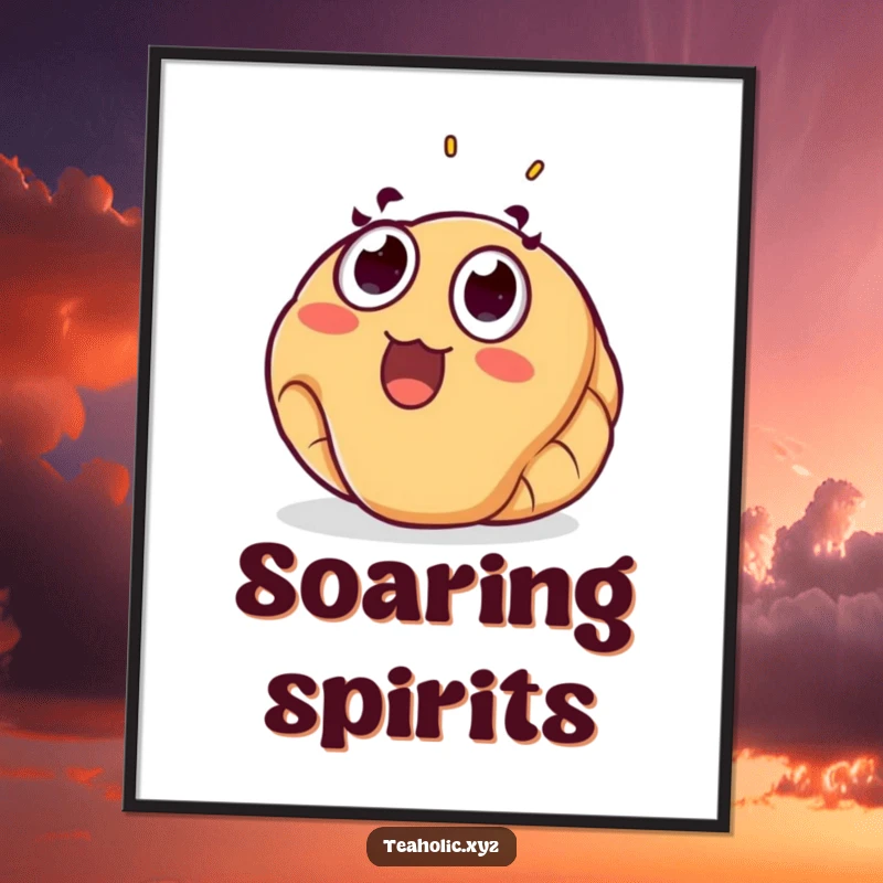 Funny croissant poster showcasing a surprised pastry floating joyfully upwards, perfect wall art for kitchens and cafes.