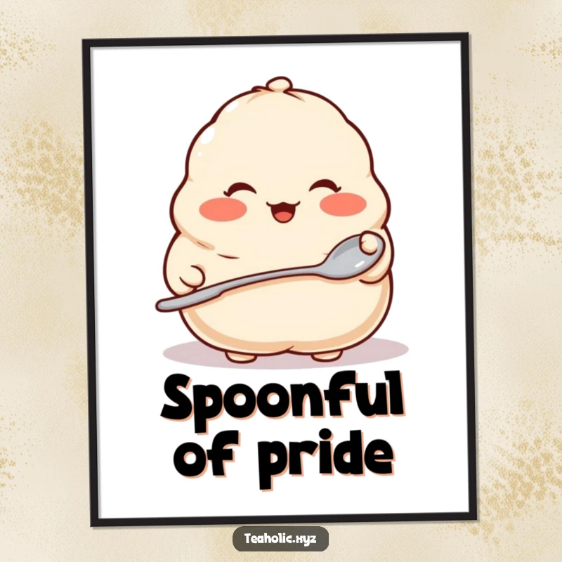 Funny poster depicting a proud dumpling with rosy cheeks holding a tiny spoon, adding a charming and humorous touch to wall decor.