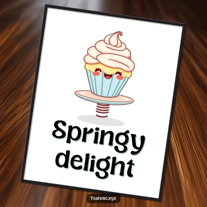 Funny poster featuring a giggling cupcake character energetically bouncing on a springy saucer, creating a lively and humorous piece of dessert art.