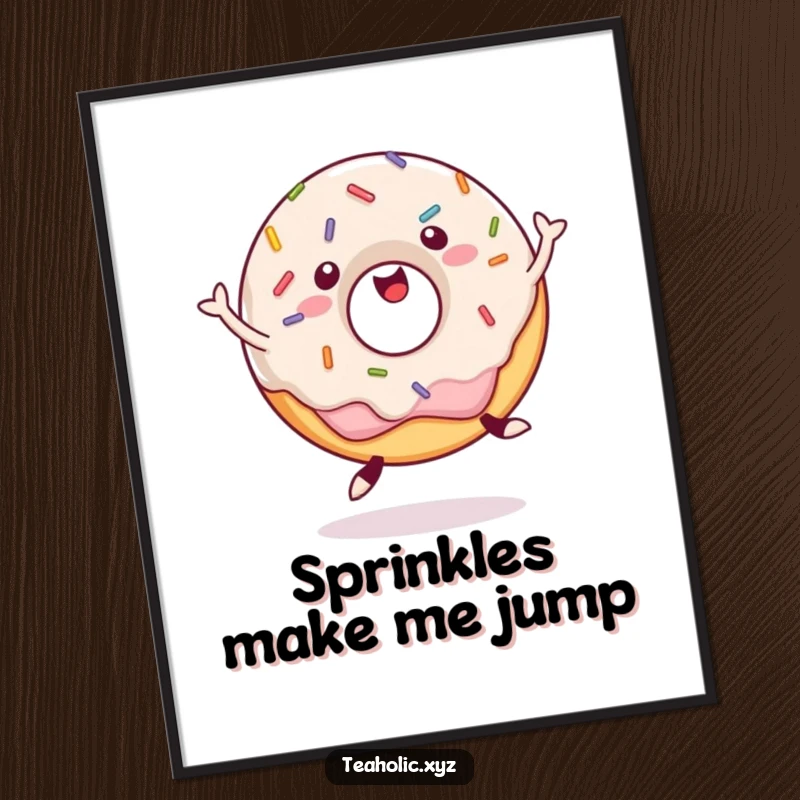 Funny Poster featuring a happy donut covered in colorful sprinkles, joyfully jumping, bringing a burst of energy and cheer.