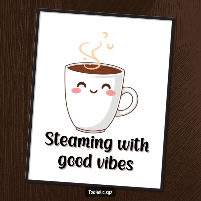 Funny smiling coffee cup poster, delightful wall art featuring a cheerful coffee cup with steam forming a smiley face.