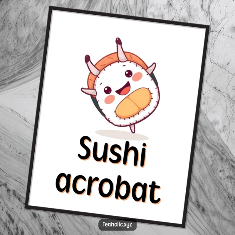 Funny poster featuring a smiling sushi piece mid-somersault, creating a lively and humorous piece of culinary-themed wall art.