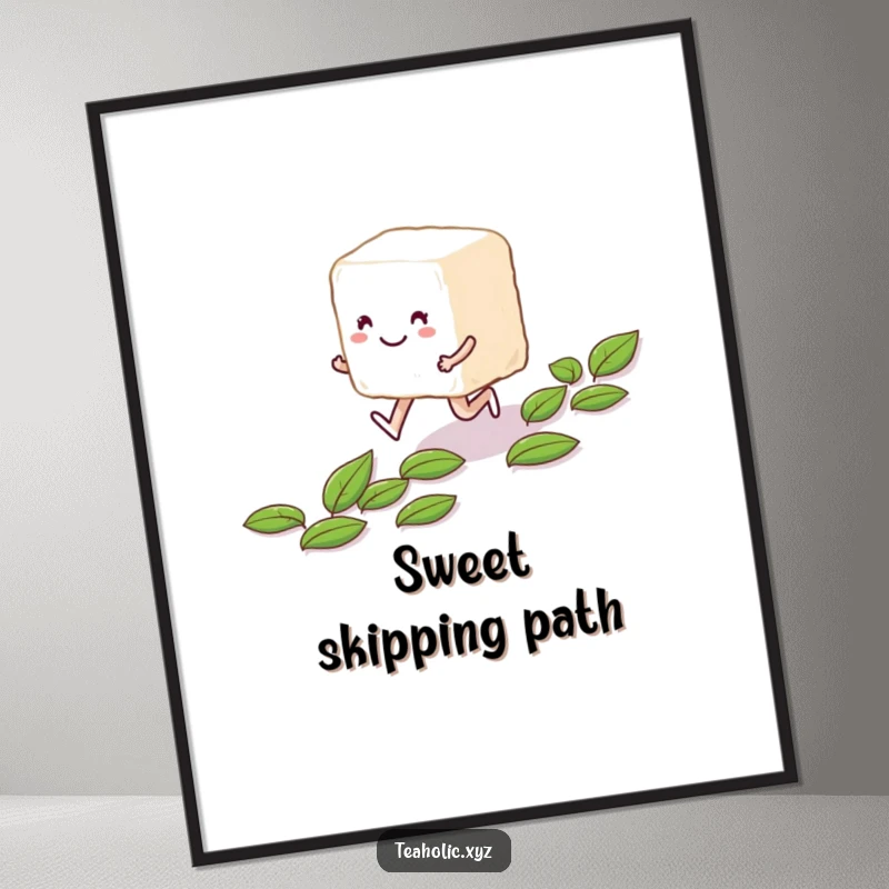 Funny smiling anthropomorphic sugar cube character skipping along a path of tea leaves, available as a poster.