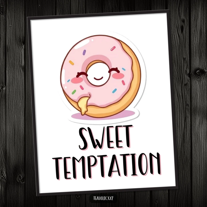 Funny poster of a happy donut with a bite taken out, winking cheekily, adding playful decor.