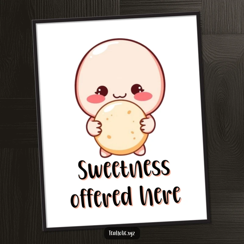 Funny shy macaron character, blushing, offering a delicate sugar cookie with both hands, on a charming poster.