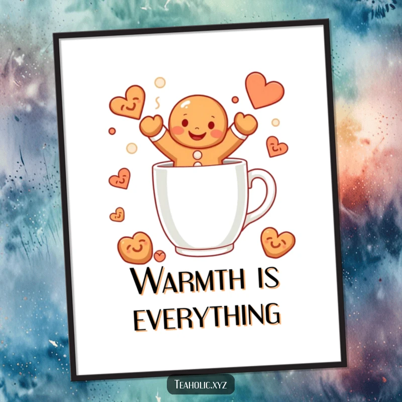 Funny gingerbread man poster showing a smiling character happily jumping into a steaming mug, a humorous and festive piece of art.