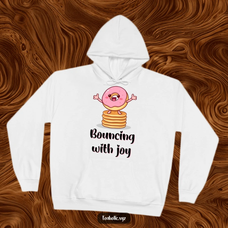 Funny hoodie featuring a cheerful donut with legs bouncing energetically on pancakes, providing warmth and a humorous vibe.