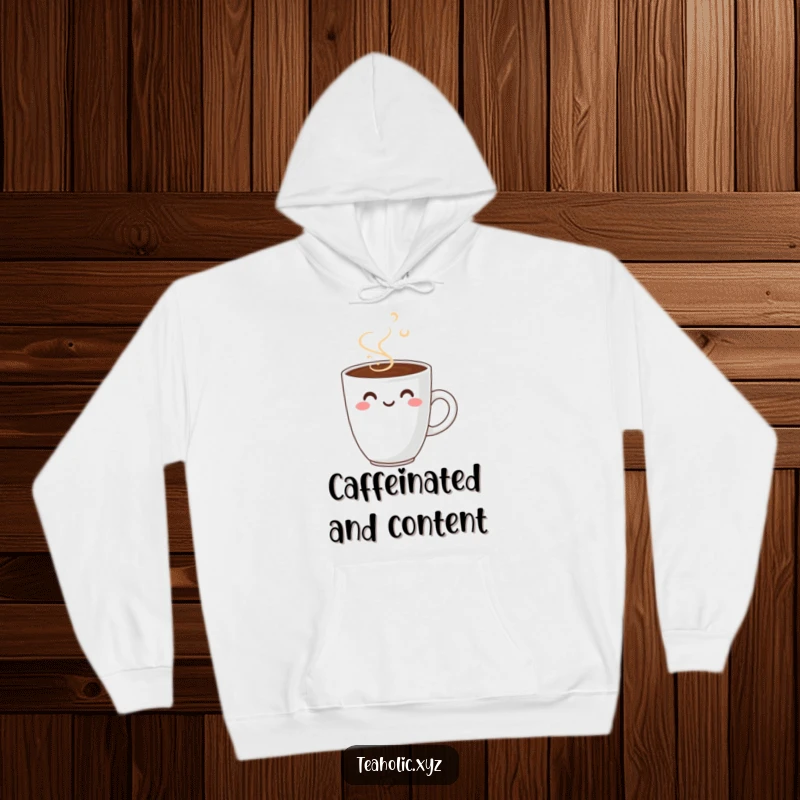 Funny smiling coffee cup hoodie, perfect for cozy days and warm beverages, featuring a cheerful steam design.