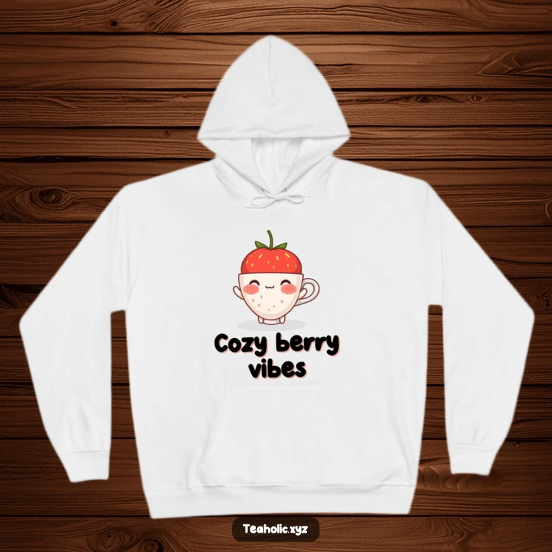 Funny blushing strawberry with a shy smile offering a steaming cup, featured on a warm and humorous hoodie.