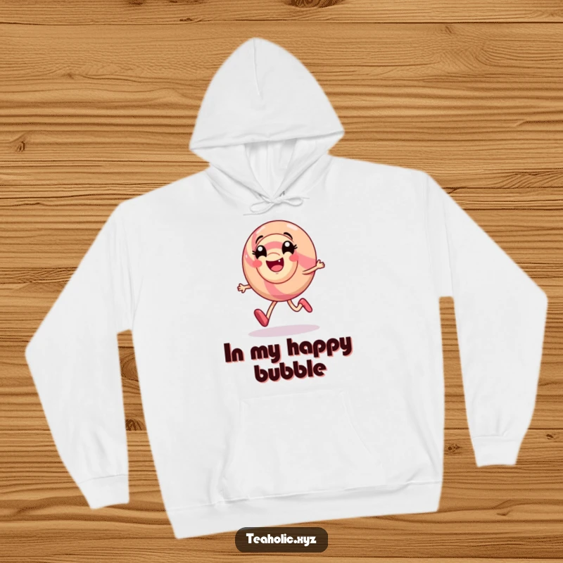 Funny hoodie featuring a smiling candy character skipping with a large swirl of delight, radiating happiness and comfort.