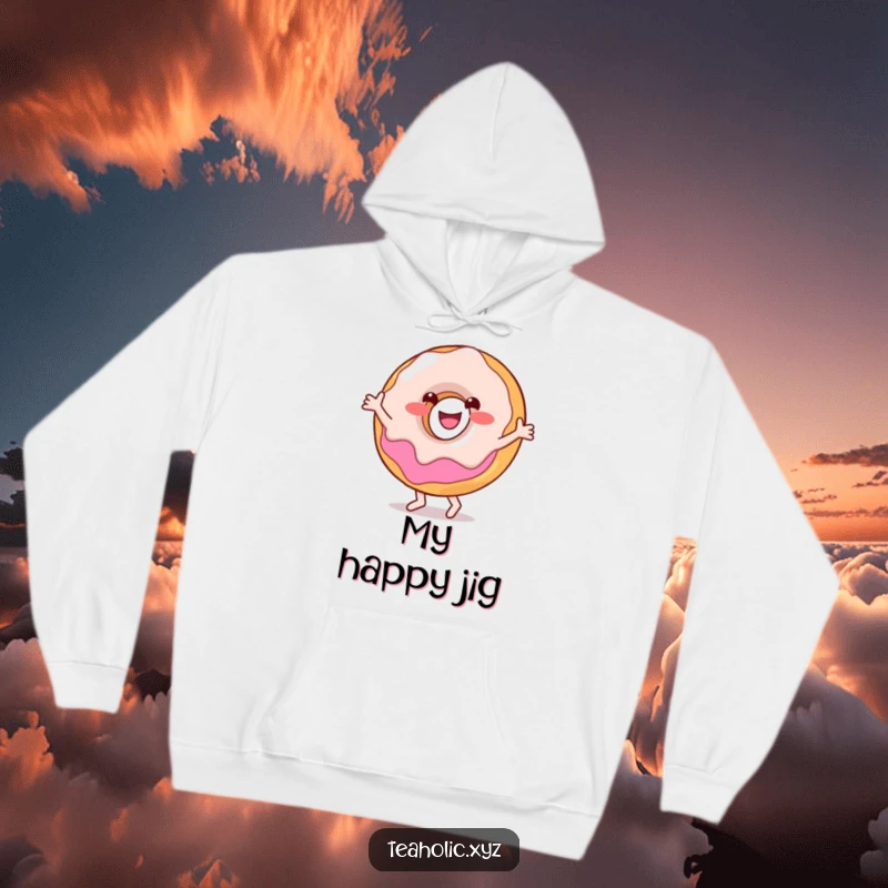 Funny hoodie featuring a jovial donut character, complete with sprinkles, performing a happy little dance with energetic moves.