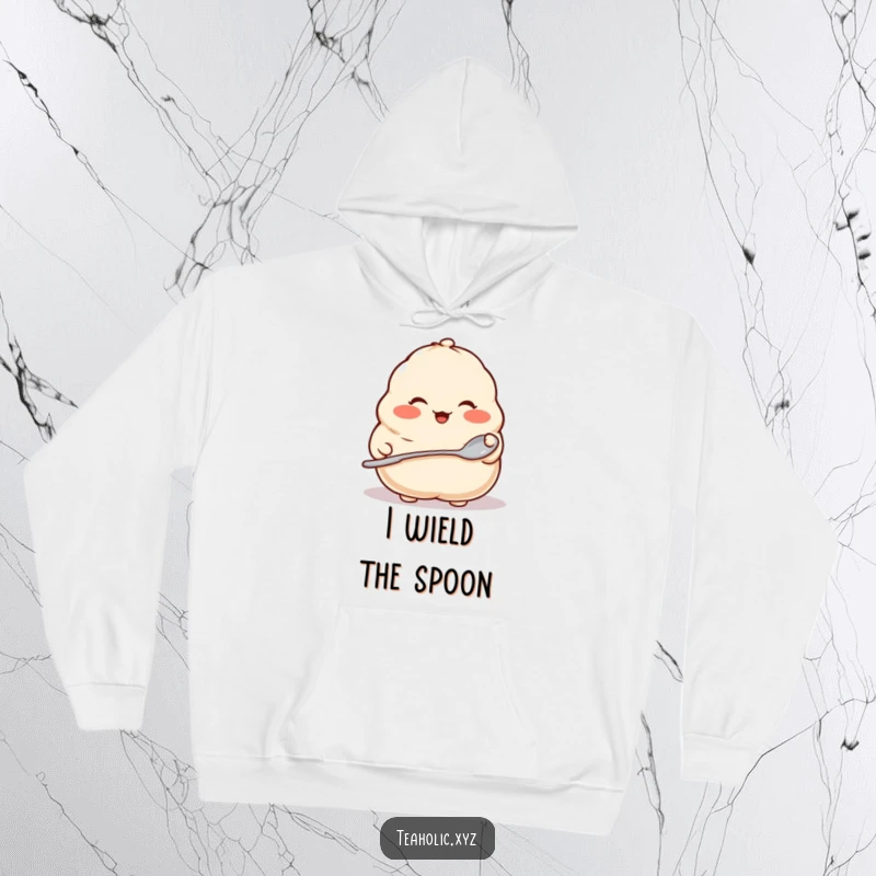 Funny hoodie featuring a proud dumpling with rosy cheeks and a tiny spoon, offering warmth and a touch of cute food obsession.