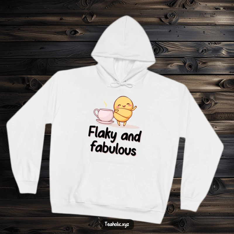 Funny croissant hoodie featuring a giggling croissant performing a graceful twirl near a teapot, offering cozy warmth and whimsical humor.