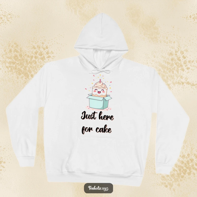Funny happy cake hoodie, cozy apparel featuring a celebratory cake popping out of a box with confetti, perfect for festive vibes.
