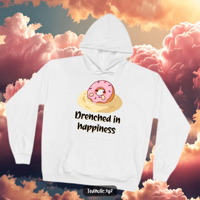 Funny donut hoodie featuring a happy donut rolling with pleasure in a pool of tea, offering cozy warmth and whimsical humor.