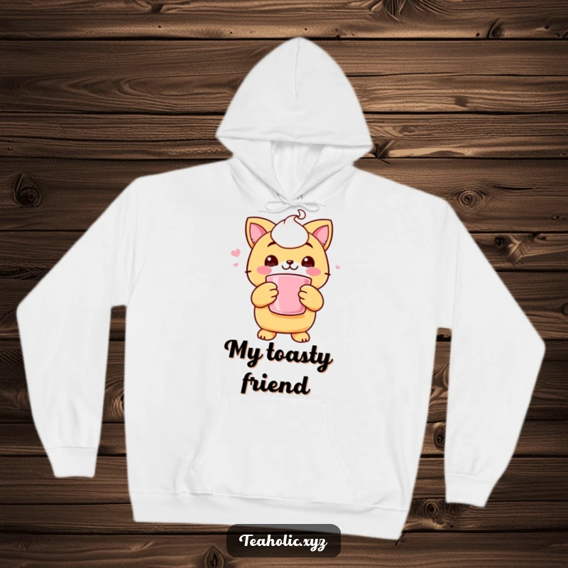 Funny hoodie depicting a cheerful scone character holding a steaming mug with both paws, radiating warmth and comfort.