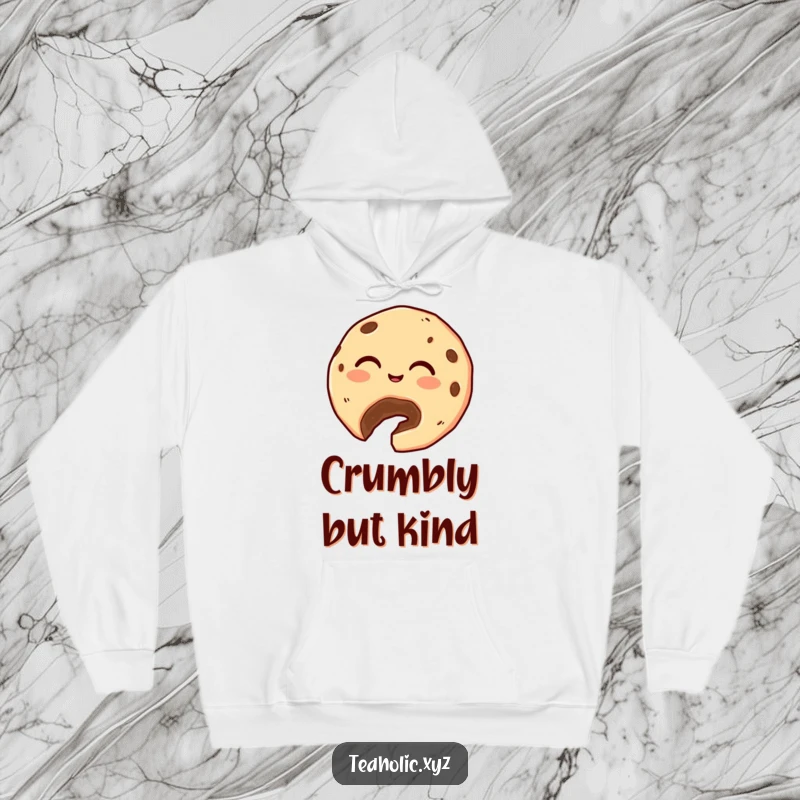 Funny Cookie Hoodie: A giggling cookie with a bite taken out generously offers a crumb, exuding sweet, humorous generosity.