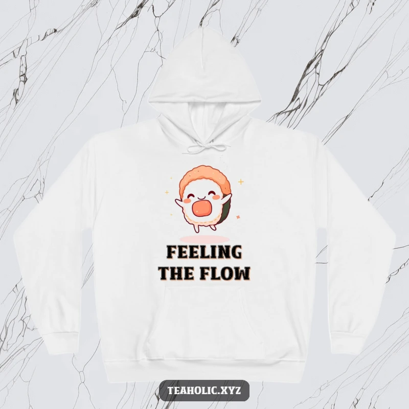 Funny sushi hoodie featuring a charmed sushi piece dancing playfully with wisps of tea steam, cozy and humorously elegant.