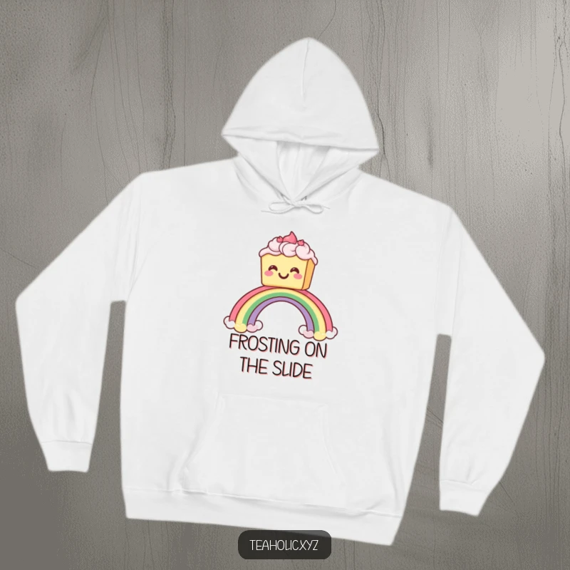 Funny hoodie featuring a grinning cake with frosting sliding down a rainbow, offering cozy comfort and a burst of cheerful dessert energy.