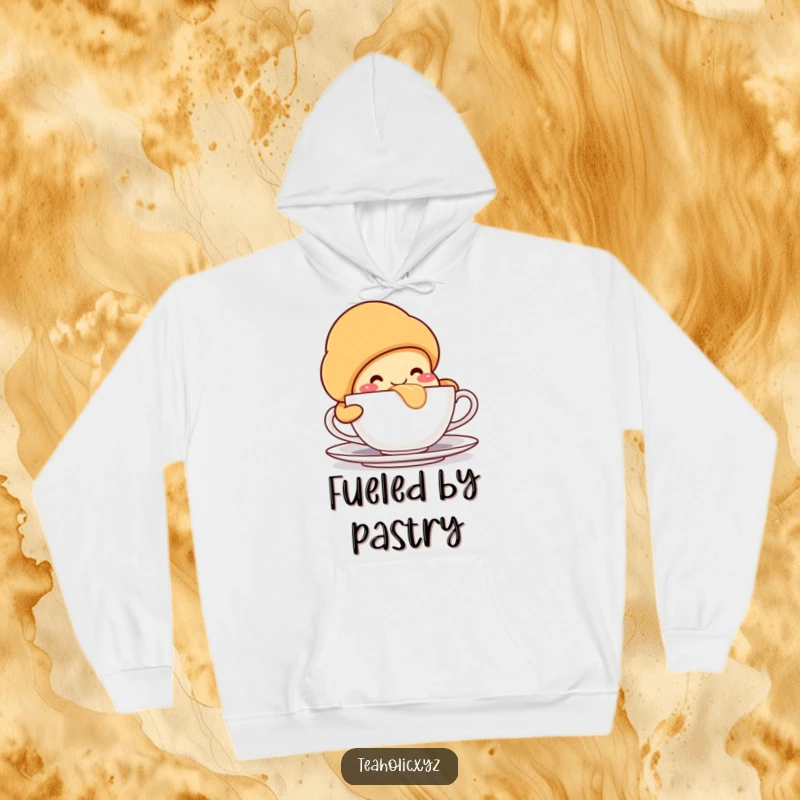 Cozy smiling croissant character, taking a huge sip from a teacup, perfect for relaxation and warmth.