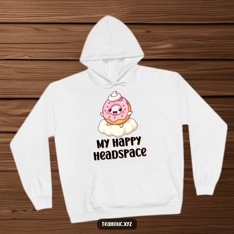 Cozy bubbly donut character, playfully bouncing on a soft, ethereal whipped cream cloud, perfect for relaxation.