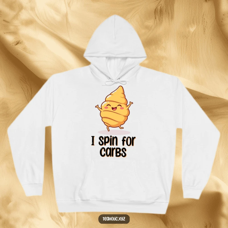 Funny Hoodie featuring a cheerful croissant with small legs, joyfully spinning, perfect for cozy and whimsical wear.