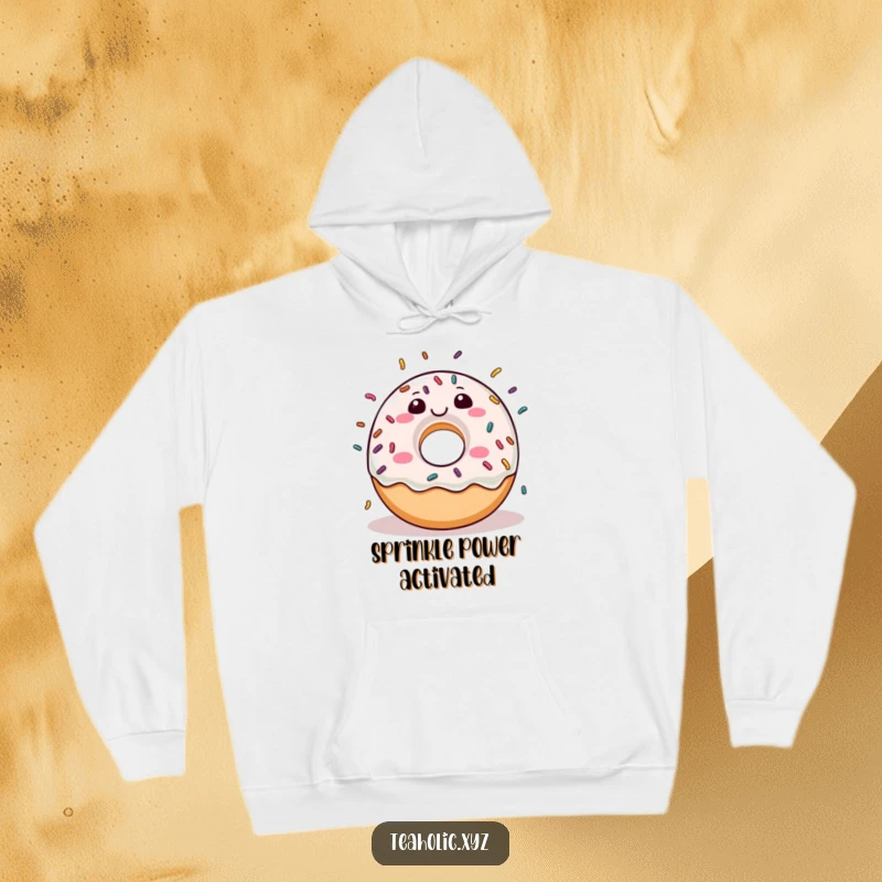 Funny donut character joyfully raining sprinkles, cozying up a soft, wearable hoodie.
