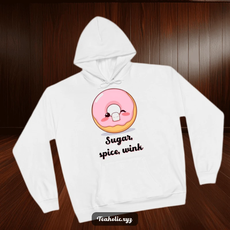 Funny Hoodie showcasing a blushing donut winking while balancing a sugar cube, offering cozy comfort with a touch of cheekiness.