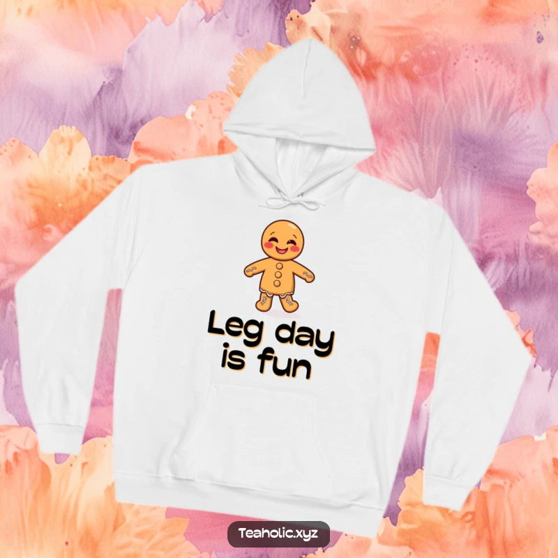 Funny hoodie showcasing a giggling gingerbread man performing a comical jig with his tiny legs, radiating warmth and humor.